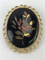 Hand Painted Gold Tone Brooch 2.5x2"