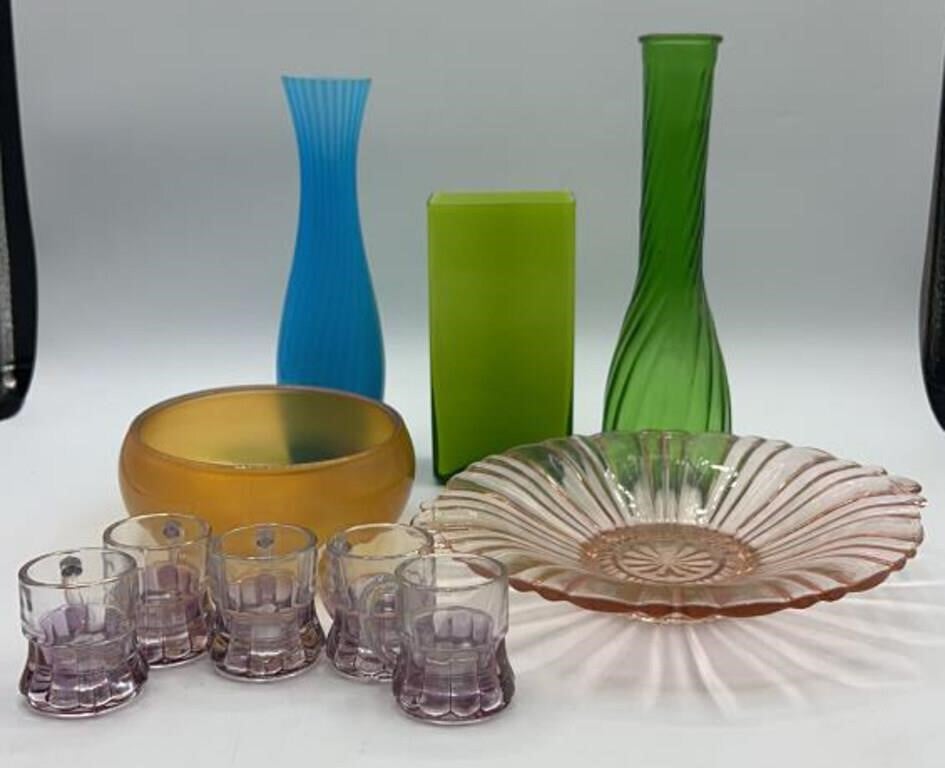 Lot Of Colored Glass Vases, Dishes & More