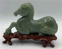 Solid Jade Horse Figurine In Wooden Stand