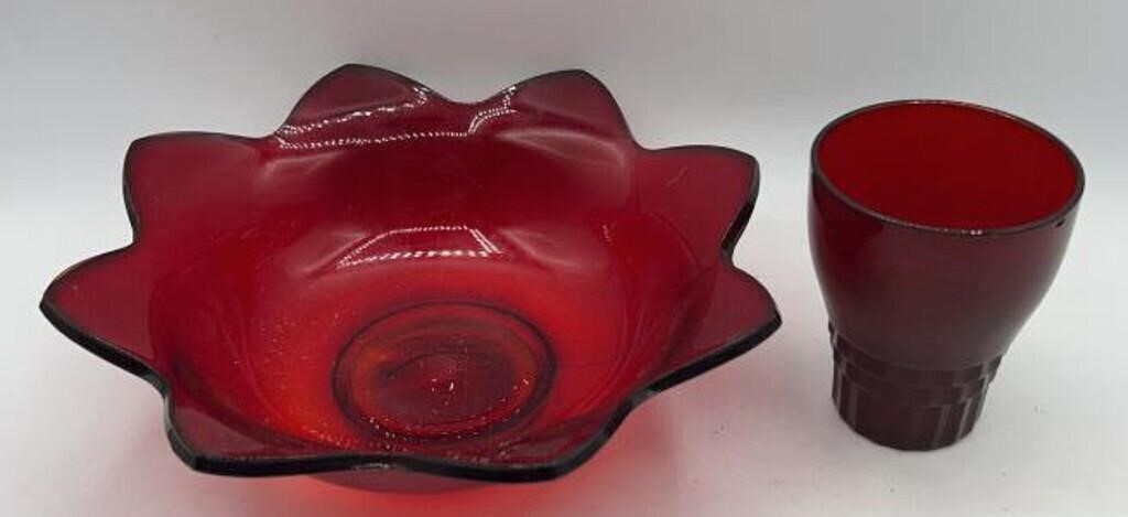 VTG Ruby Red Depression Glass Flower Bowl