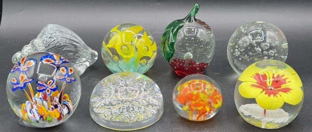 Lot of 8 Art Glass Paperweights, Many Hand Blown
