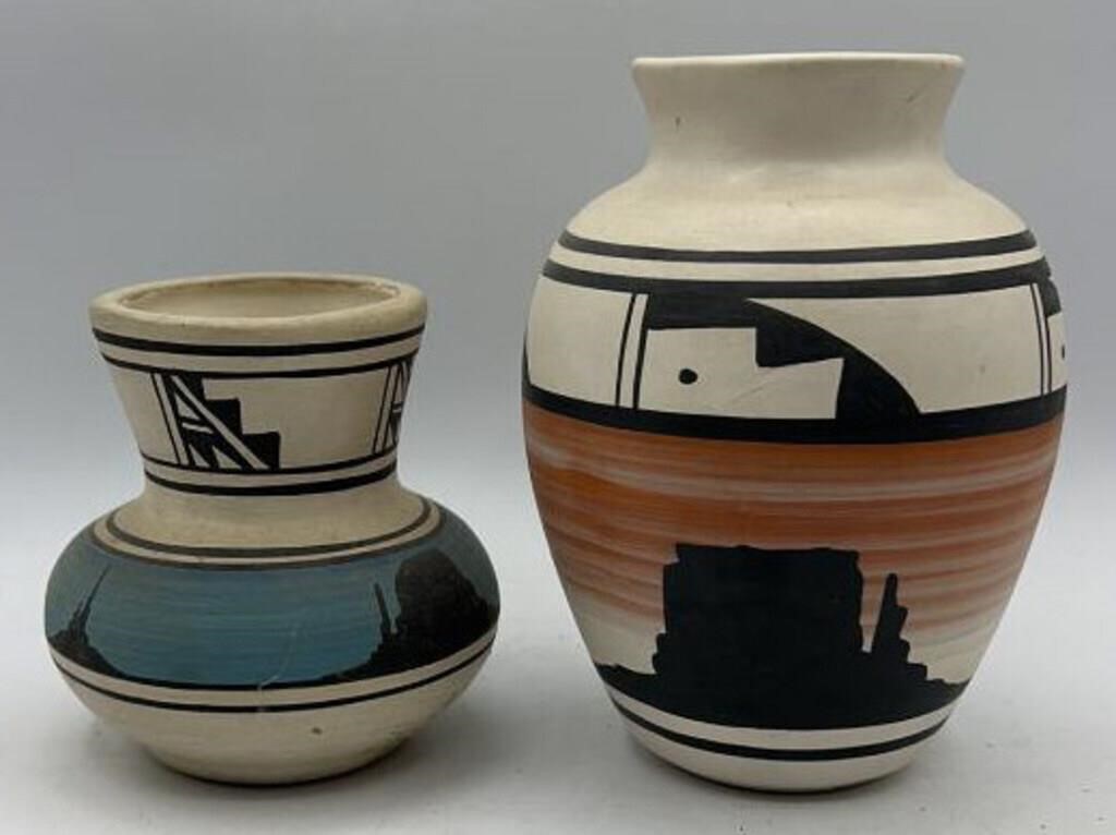 2 Hand Painted Navajo Pottery Vases