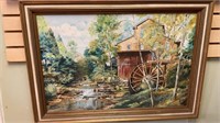 VTG Signed Oil on Canvas, Barn with Water Wheel