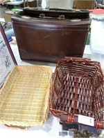 2 Wicker Tray Baskets & Leather Briefcase