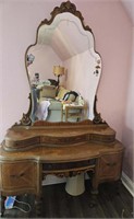 VTG Wooden Inlaid Dresser w/ Vanity & Mirror