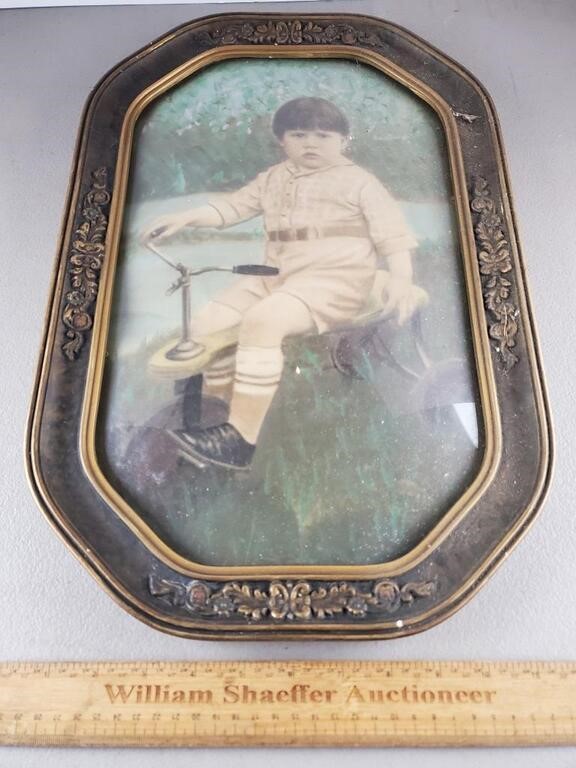 Antique Framed Picture Boy on Bike 12 x 18"