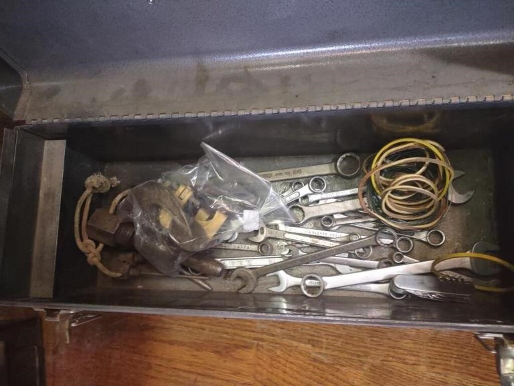 Metal Tool Box w/Wrenches & Misc. Tools