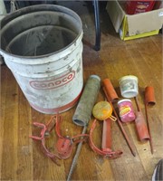 Metal Bucket w/Fising Hooks, Supplies, Rod Holders