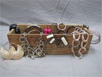 Lot Of Assorted Costume Jewelry In Small Wooden