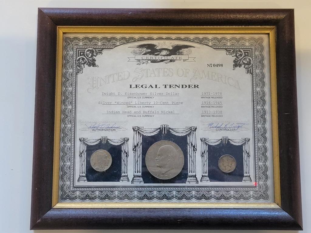 US Legal Tender Coins in Frame (3 Coins)