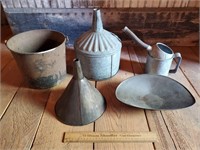 Vintage Metal Funnels, Bucket, Oil Can, Scale Pan