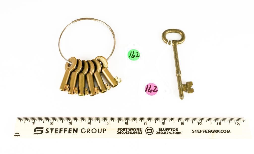 (6) Pacific RR Brass Keys & (1) Brass Skeleton Key