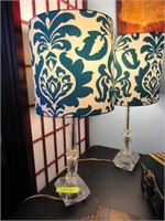 Pair Cut/Etched Glass Table Lamps W/ Floral Shades