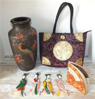 ASIAN VASE, PURSE, BOOKMARKS & PAINTED FANS BOOK