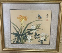 Antique Framed Chinese Silk and Bird Pains