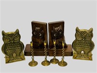 Brass and wood  Owl Bookends and small candel