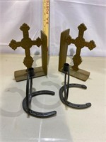 Cast Iron Book Ends & horse shoe candle holder