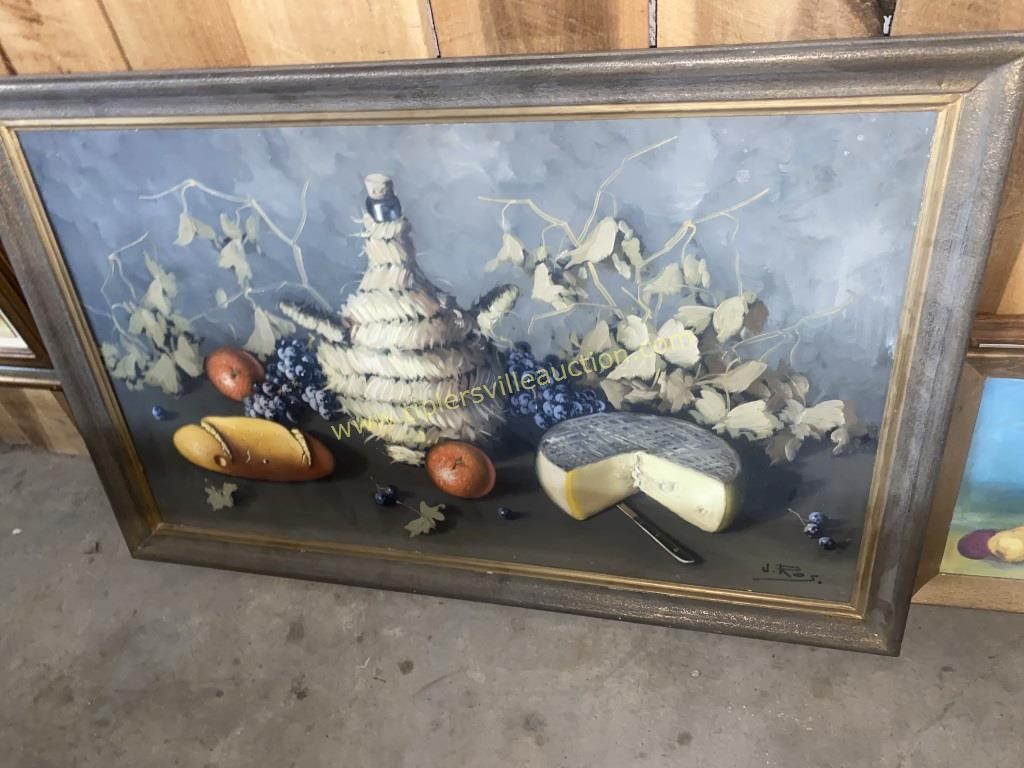 Large painting on canvas, wine and cheese scene