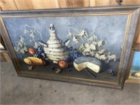 Large painting on canvas, wine and cheese scene