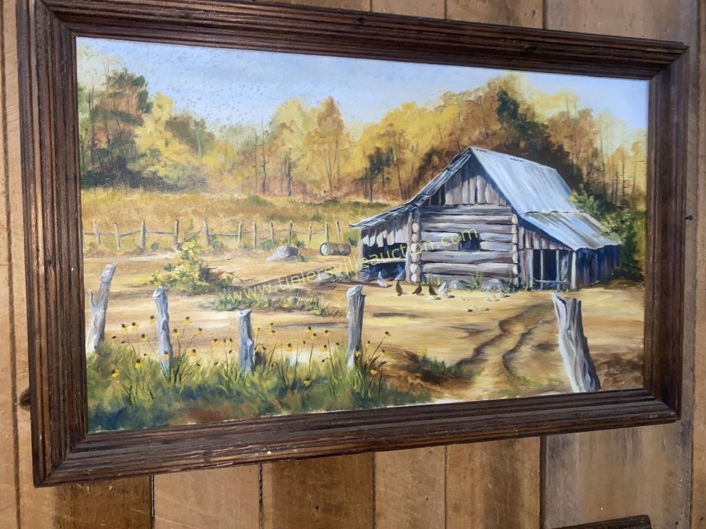 Log cabin, chicken, yard painting on canvas