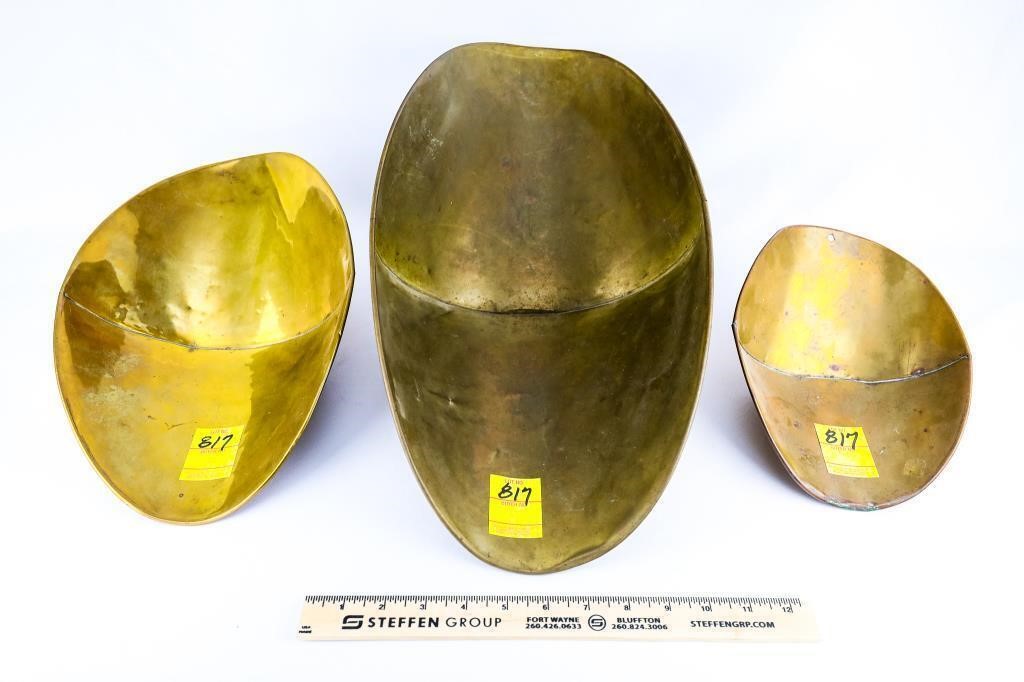 3 Brass Scale Hoppers, (2) 9 1/2", and (1) 14"