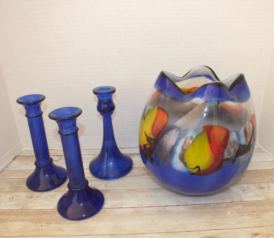COBALT GLASS CANDLESTICKS & ART GLASS