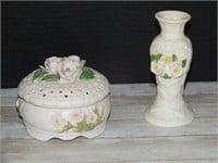 TRINKET BOX & VASE WITH APPLIED FLOWERS