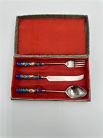 Vintage cloisonné handled cutlery, set silver, tox