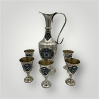 silver wine enamel set ewer and five cups 19th