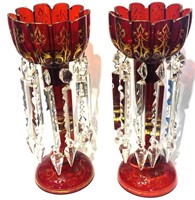 Pair Cranberry Bohemian Lustres glass  Late 19th