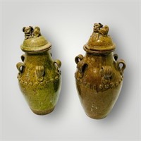 2 Vintage Chinese Pottery Vase fu dog lid