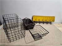 (3) Metal,  (1) Wood Baskets, and  Coat Rack