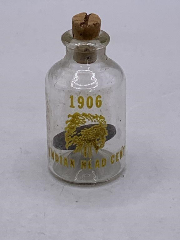 1906 INDIAN HEAD PENNY CENT COIN IN A GLASS BOTTLE
