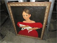 NICE PRIMITIVE STYLE OIL ON CANVAS GIRL WITH CAT