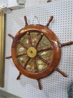 WOOD SHIPS WHEEL WITH SHELL DECORATION