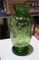 HANDPAINTED GREEN GLASS VASE