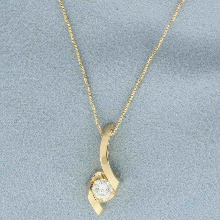 Diamond Solitaire Ribbon Design Necklace in 14k Ye