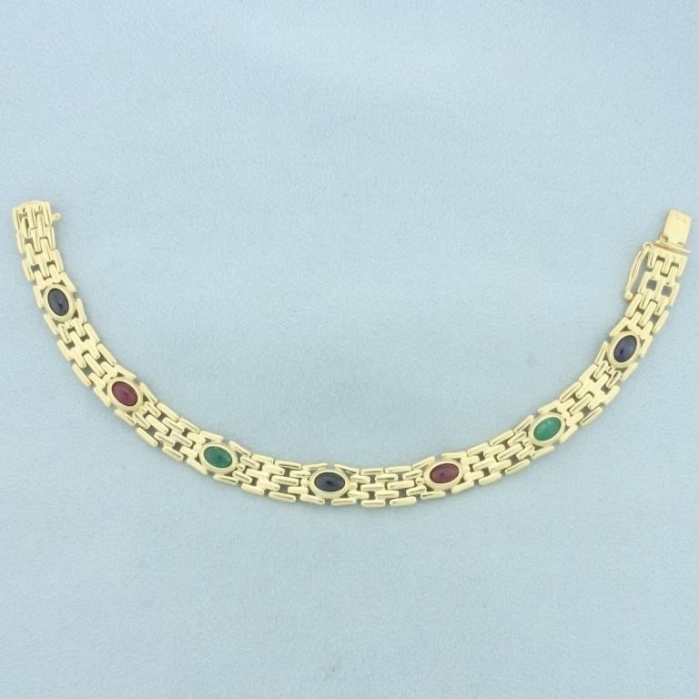 Ruby, Emerald, and Sapphire Panther Link Bracelet