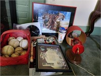 Framed USPS Space Stamps, tiger print and toy.