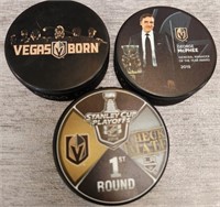 Z - LOT OF 3 VGK NHL HOCKEY PUCKS (P239)