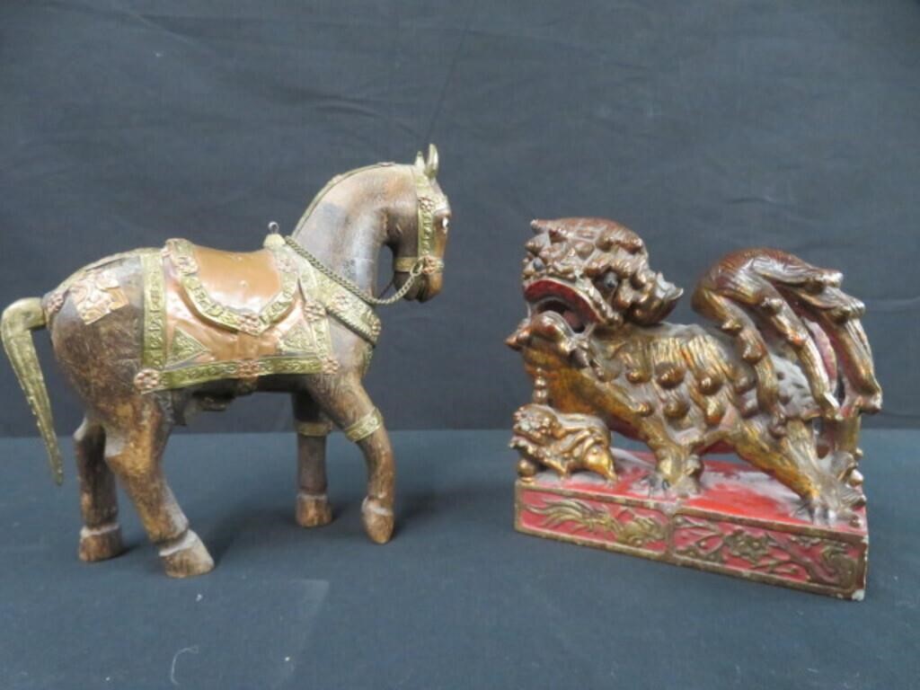 ORIENTAL FOO DOG & CARVED WOODEN HORSE