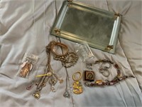 Glass tray and misc jewelry