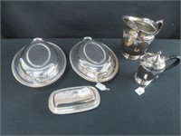 2 SILVER PLATED DISHES , DISH, PITCHER, CREAMER