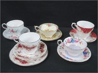 4 ASSORTED BONE CHINA CUPS W/ SAUCERS & SIDE PLATE
