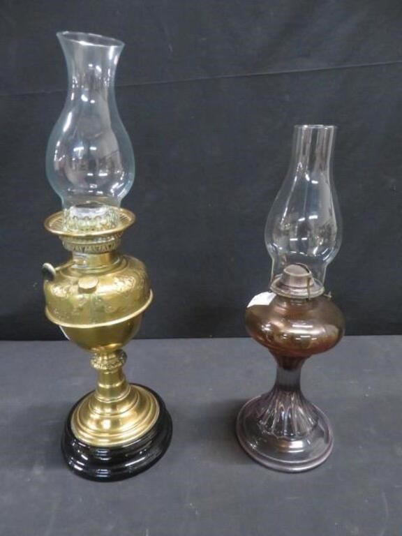 2 OIL LAMPS (1 BRASS & 1 GLASS)