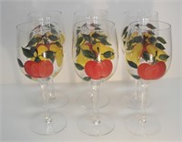 6 HANDPAINTED PEAR & APPLE WINE GLASSES