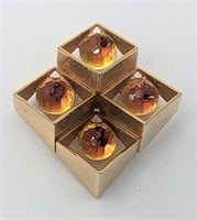 Unique Gold Tone Cubed Brooch W. Honeycomb Spheres