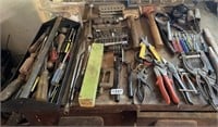 Nice lot of tool on table Mallets Snips Screwdrivs