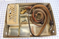 BOX WITH HORSE CARE TOOLS & LEATHER BELTS