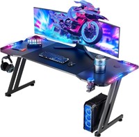 63 Inch Gaming Desk with LED Lights Carbon Fibre e